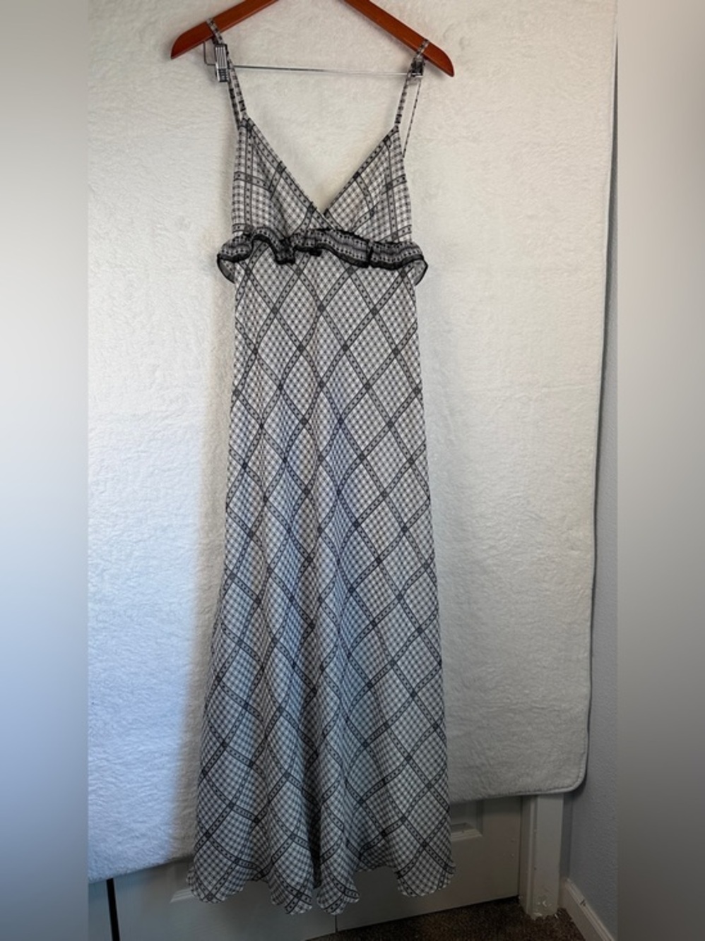 Max Studio London Plaid Ruffle Maxi Dress NWT Spaghetti Strap womens M Flowy